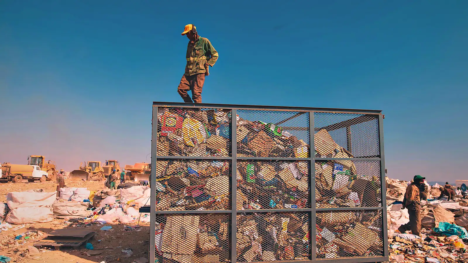 A Murero worker on top of a full mesh cage packed with sorted recyclable material.