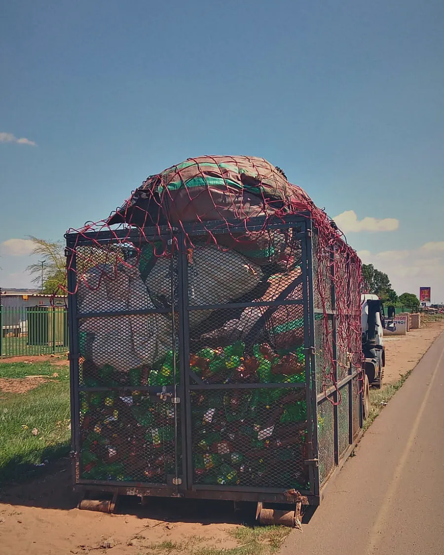 A Murero cage packed with recovered plastic bottles.